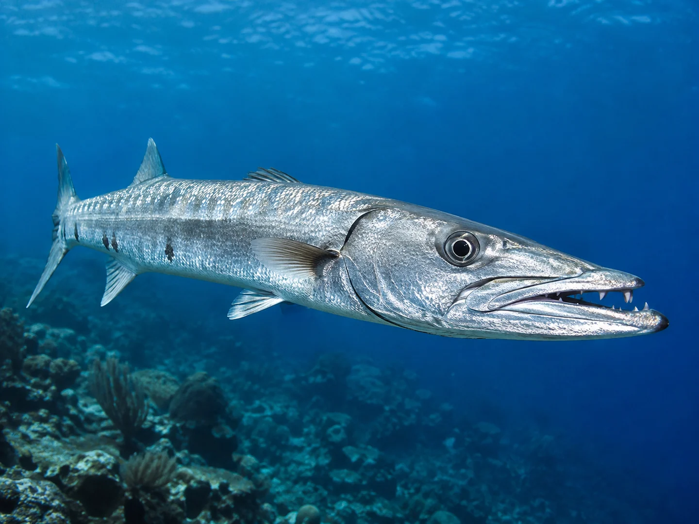 Un grand barracuda argenté nage en pleine eau au-dessus d’un récif.