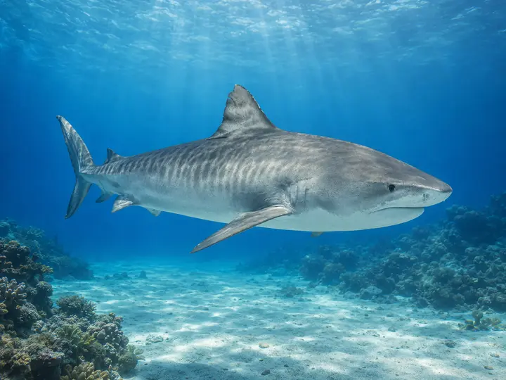 Requin-tigre nageant au-dessus d’un fond récifal